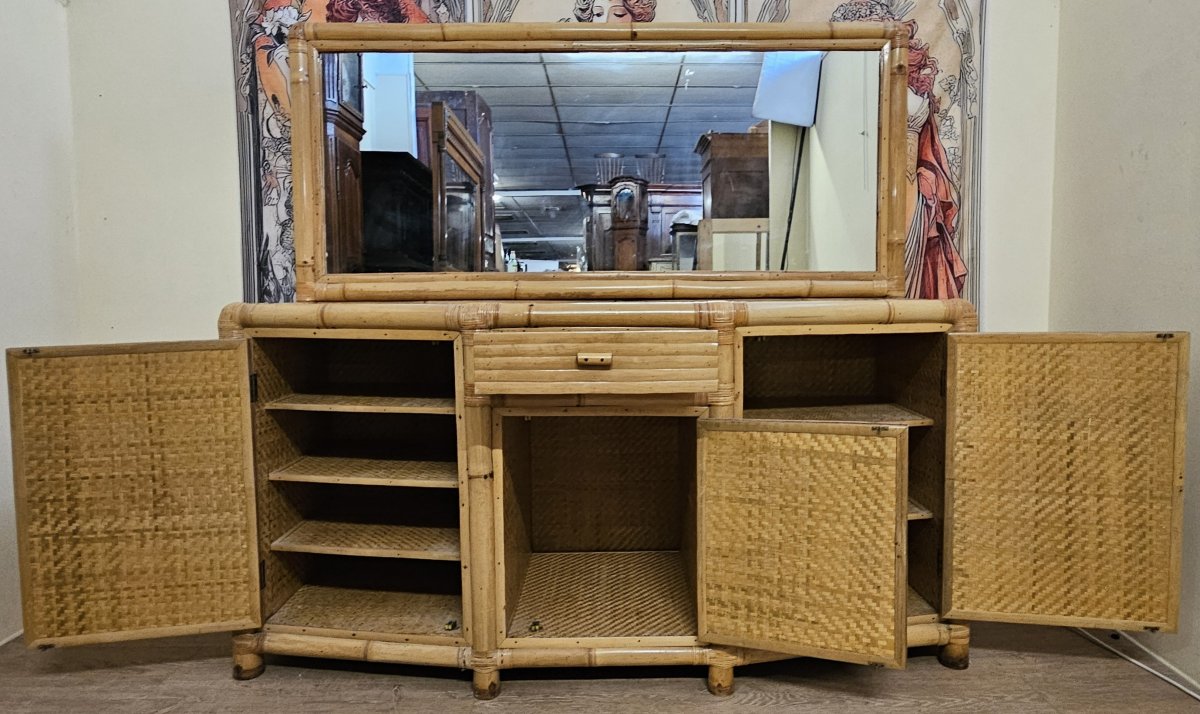 Grand buffet en bambou et rotin avec miroir – Style Vintage / années 1970-photo-7