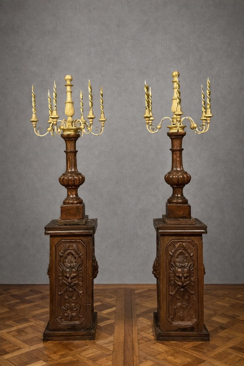 Pair Of Very Large Torchères – Terracotta And Giltwood – Renaissance Decoration – H. 178 Cm (b)