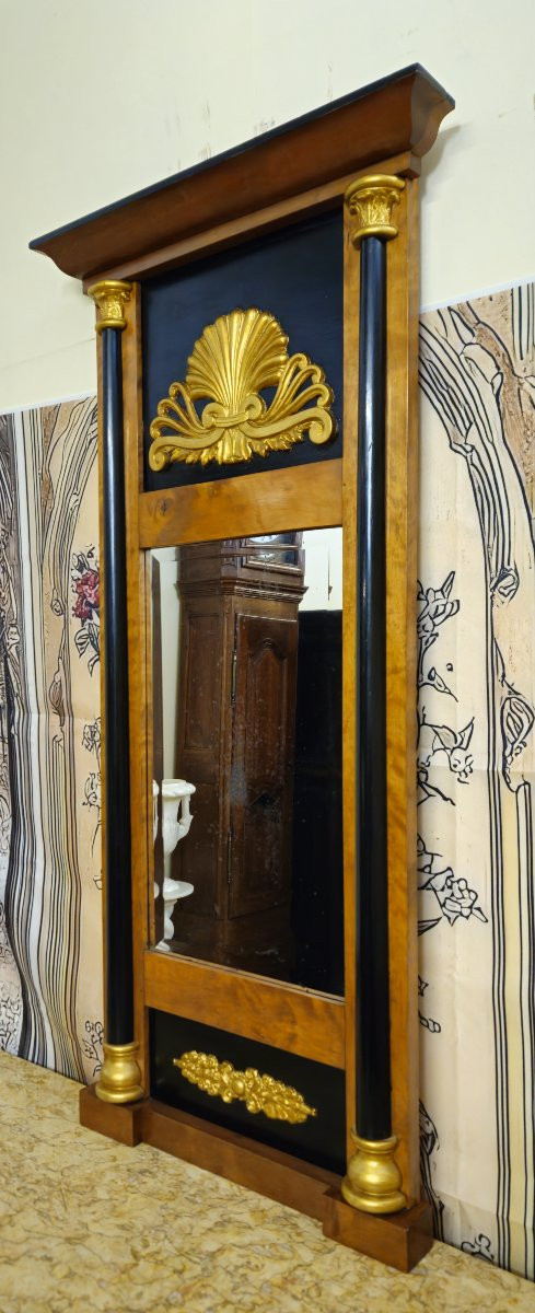Empire Period Mirror In Gilt And Blackened Wood – Shell Pediment – 19th Century -photo-1