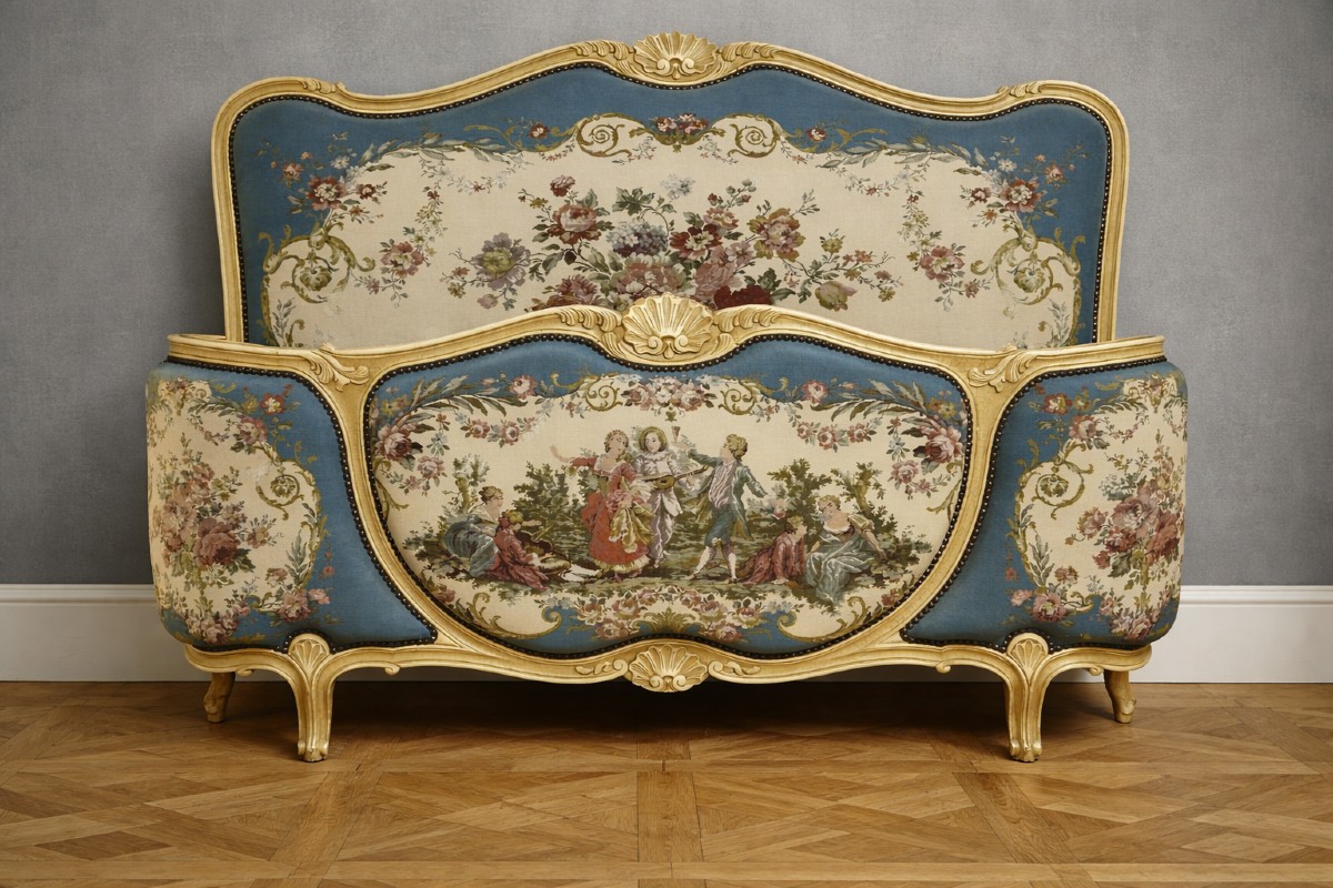 Lit corbeille de style Louis XV en bois sculpté et tapisserie – Décor scène galante 