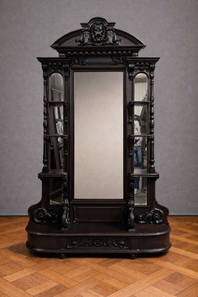 Grand miroir psyché ancien en bois noirci sculpté – Style Renaissance / XIXe siècle  