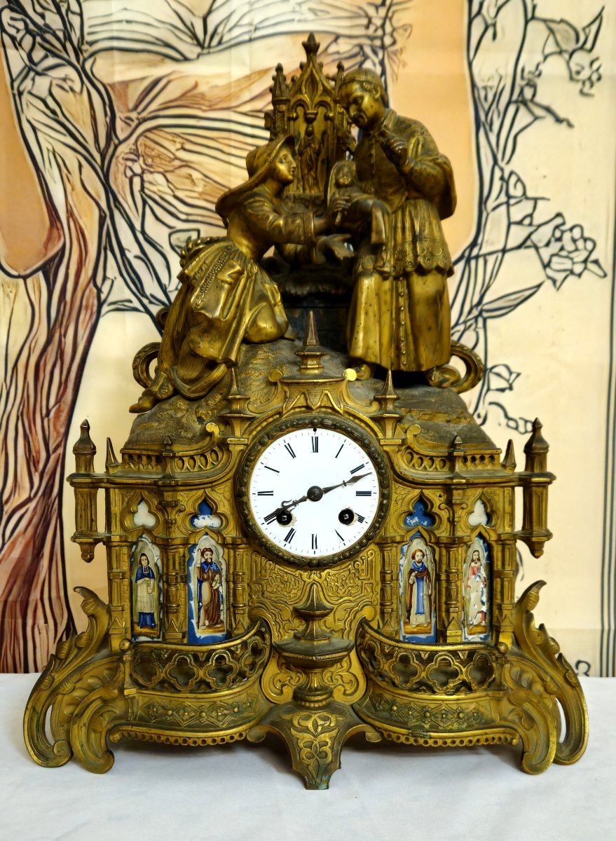 Neo-gothic Religious Clock In Gilt Bronze And Porcelain – 19th Century –  -photo-1