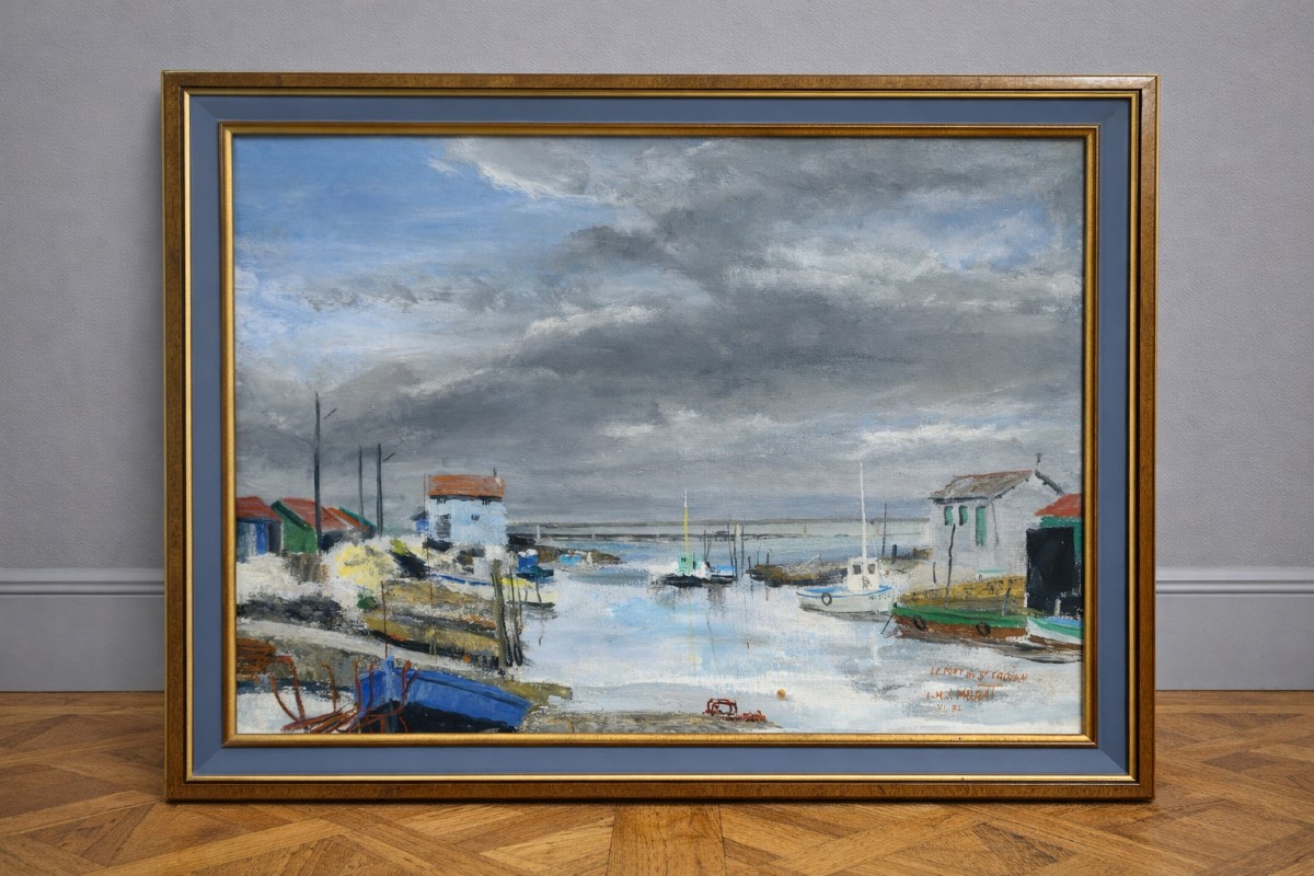 Huile sur toile – Port de Saint-Trojan – Île d’Oléron – E.M.J. Murat – 1984 