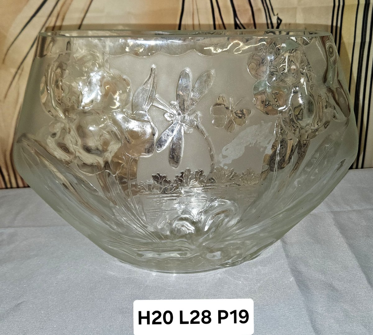 Large Molded Glass Bowl/planter With Dragonfly Decoration – Art Nouveau Style -photo-5