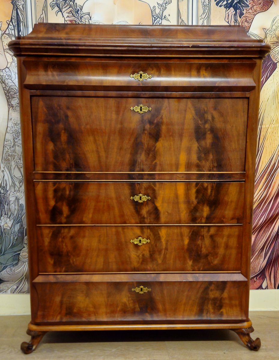 Bieidermeier Period Secretary/scriber In Flame Mahogany – 19th Century -photo-1