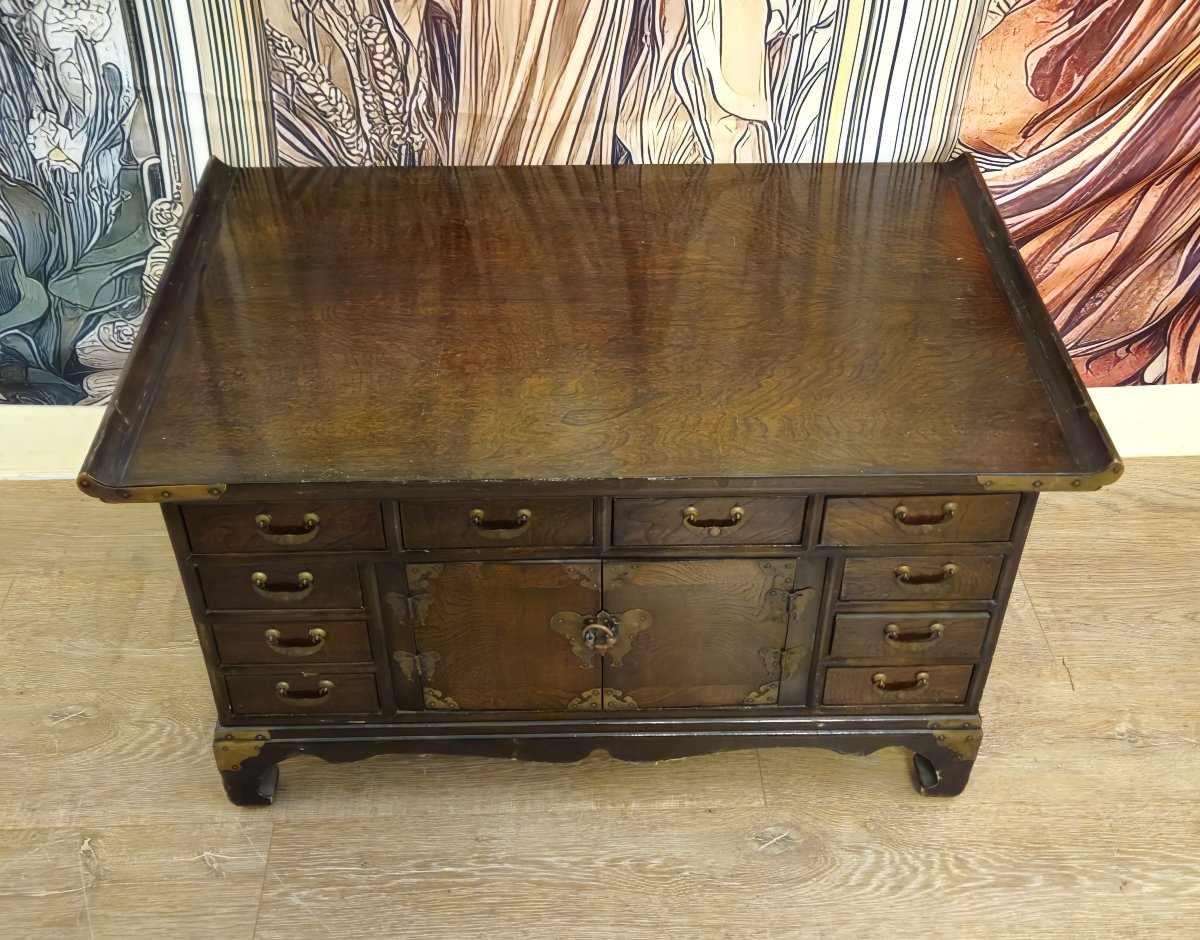 Asian-inspired Decorative Cabinet/low Sideboard – Solid Wood And Gilt Brass Fittings -photo-1