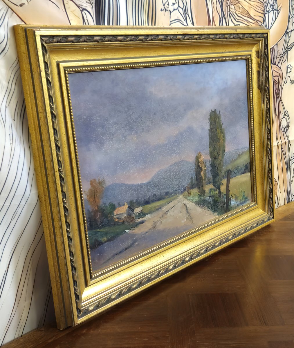 Tableau ancien – Huile sur carton – Paysage rural signé M Langeron – cadre doré - XXeme -photo-2