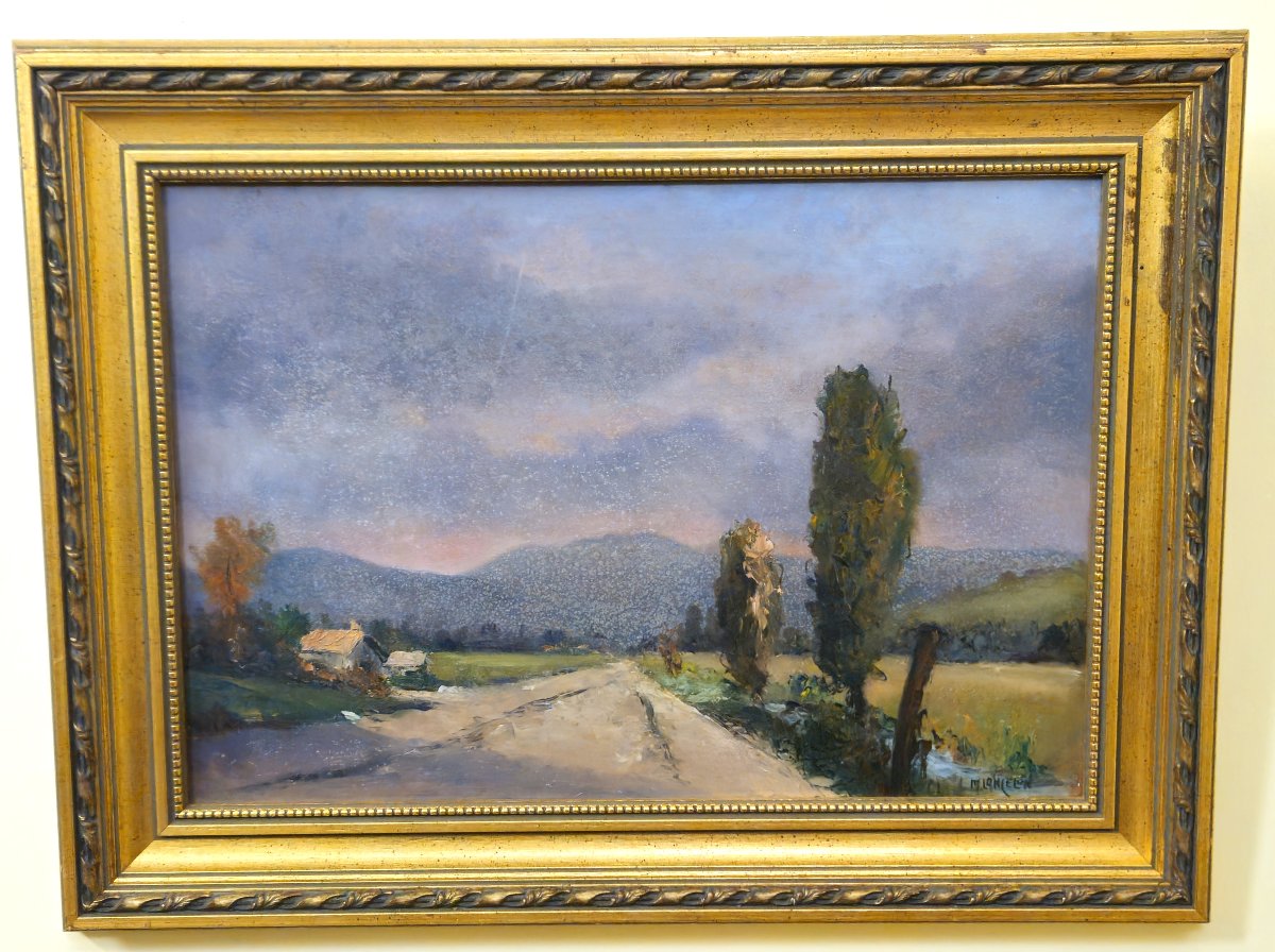 Tableau ancien – Huile sur carton – Paysage rural signé M Langeron – cadre doré - XXeme -photo-5