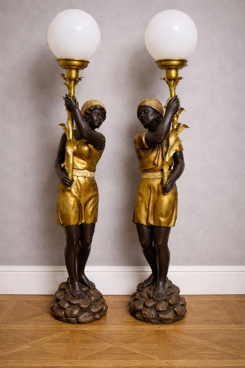 Pair Of Large Venetian Torchères With Nubian Figures – Carved And Gilded Wood – Opaline Glass Globes 