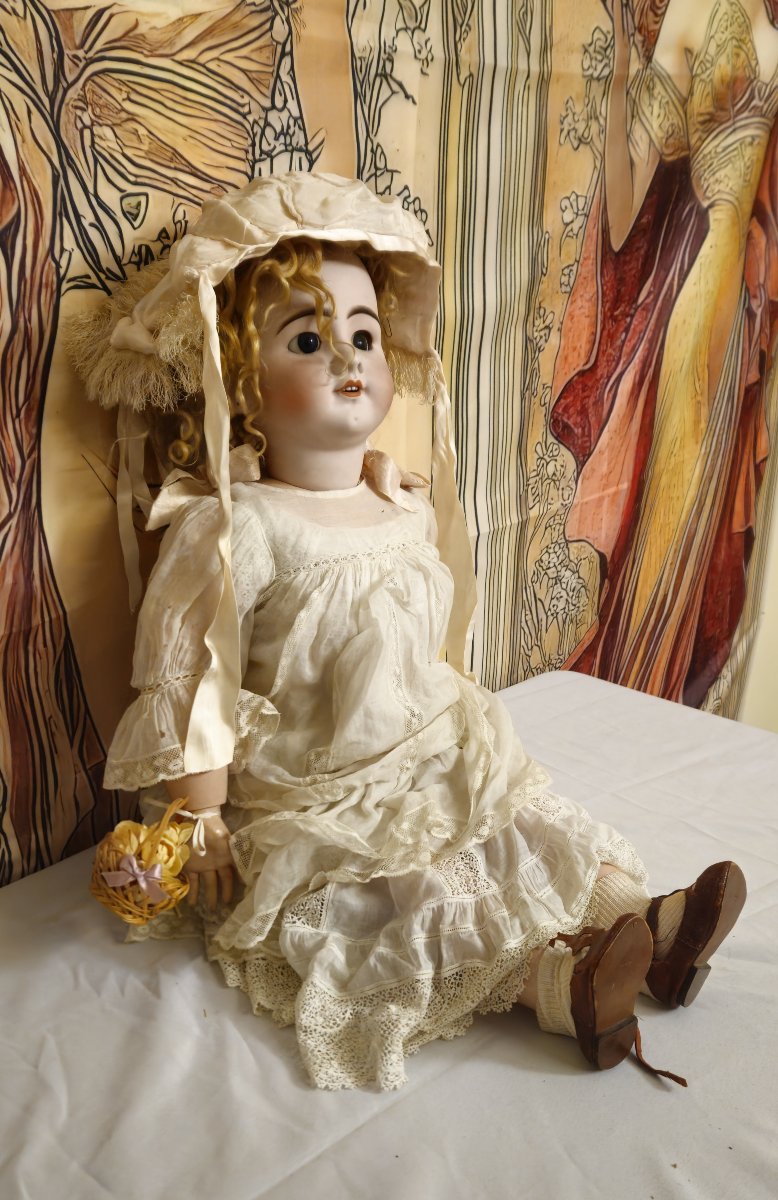 Grande poupée tête porcelaine marquée en creux SFBJ 14,  bouche ouverte,  h80 cm-photo-2