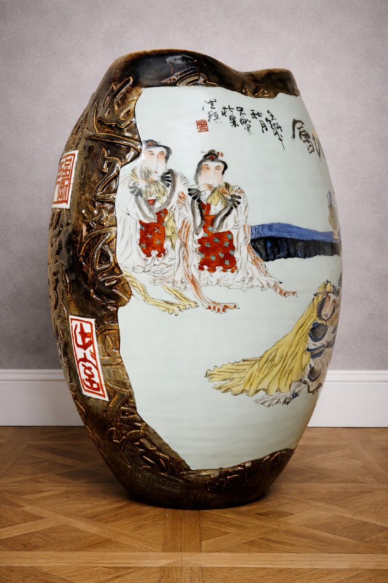 Large Asian Vase Decorated With Figures And Calligraphy – Glazed Ceramic – Relief Decoration 