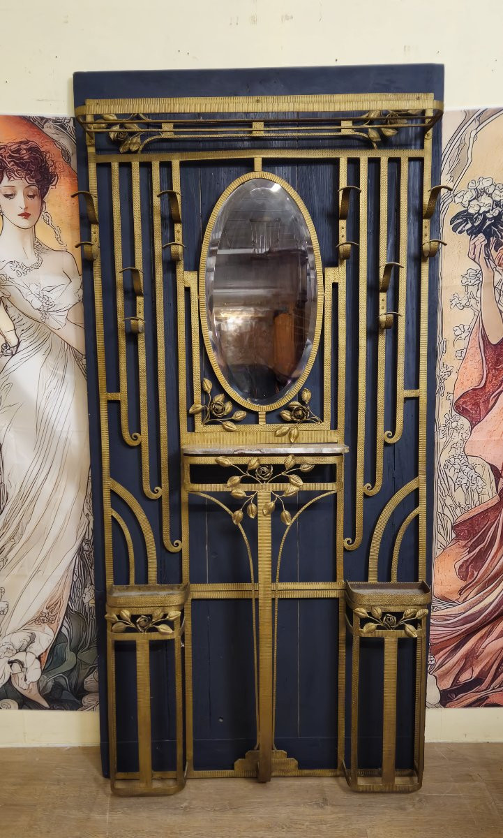 Art Deco Wall-mounted Coat Rack With Mirror And Console – Gilded Wrought Iron - -photo-1