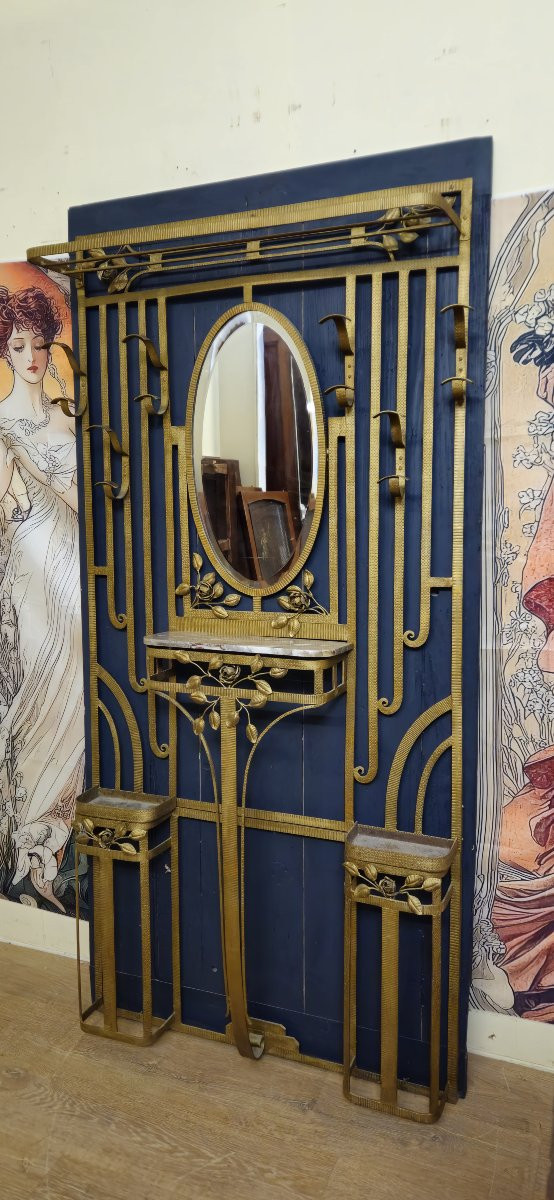 Art Deco Wall-mounted Coat Rack With Mirror And Console – Gilded Wrought Iron - -photo-2