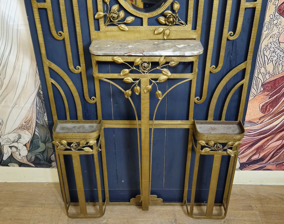 Art Deco Wall-mounted Coat Rack With Mirror And Console – Gilded Wrought Iron - -photo-3