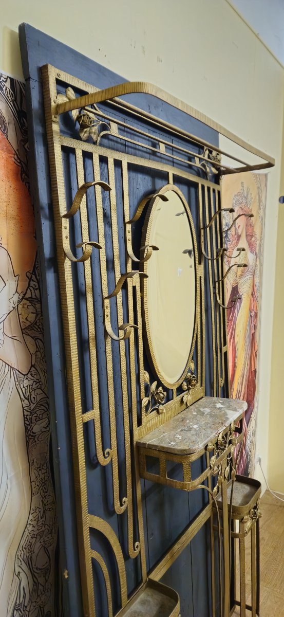 Art Deco Wall-mounted Coat Rack With Mirror And Console – Gilded Wrought Iron - -photo-4