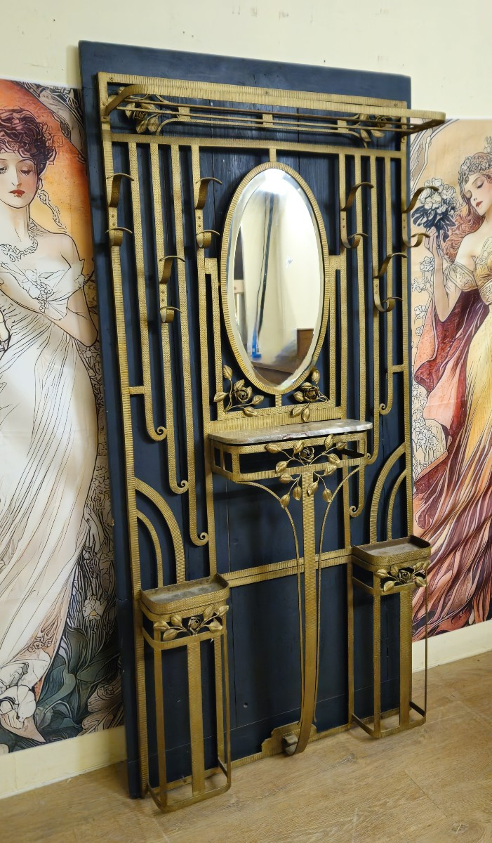 Art Deco Wall-mounted Coat Rack With Mirror And Console – Gilded Wrought Iron - 