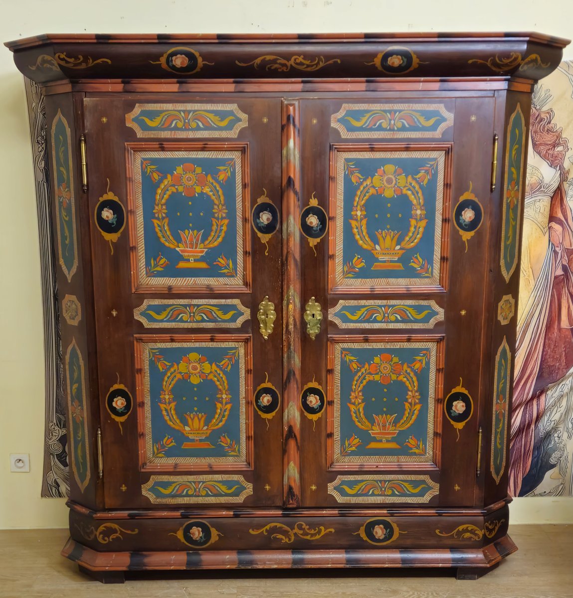 Polychrome Painted Alsatian Wardrobe – Louis XIV Style – Floral Decoration – 19th Century – Folk Art -photo-1