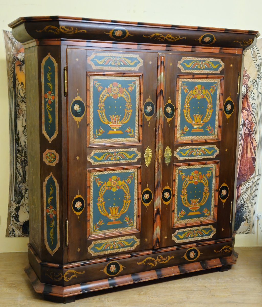 Polychrome Painted Alsatian Wardrobe – Louis XIV Style – Floral Decoration – 19th Century – Folk Art -photo-2