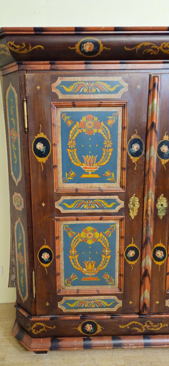 Polychrome Painted Alsatian Wardrobe – Louis XIV Style – Floral Decoration – 19th Century – Folk Art -photo-5