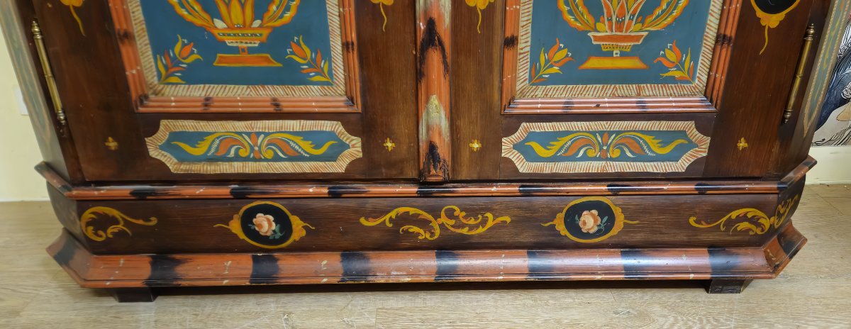 Polychrome Painted Alsatian Wardrobe – Louis XIV Style – Floral Decoration – 19th Century – Folk Art -photo-6