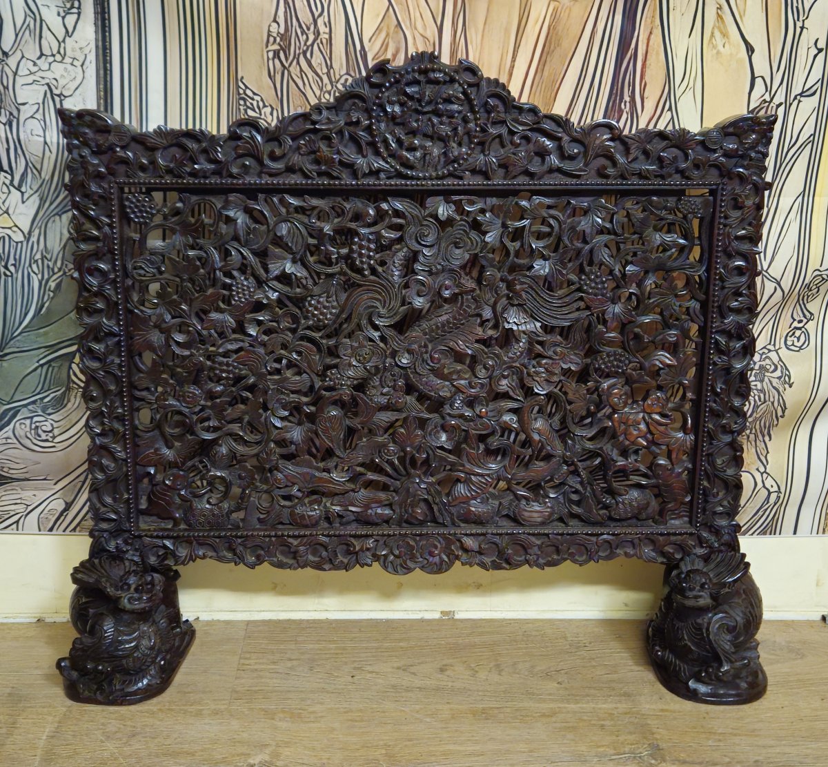 Carved Panel/screen In Exotic Wood – Openwork Decoration Of Dragons, Birds And Foliage –-photo-1