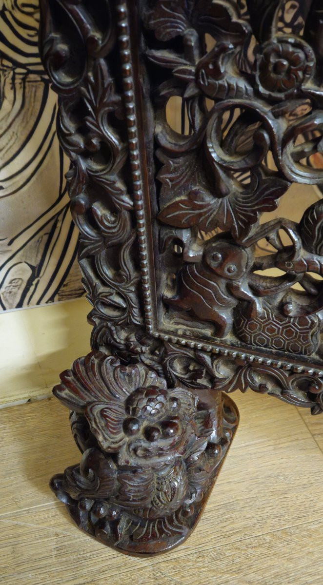 Carved Panel/screen In Exotic Wood – Openwork Decoration Of Dragons, Birds And Foliage –-photo-6
