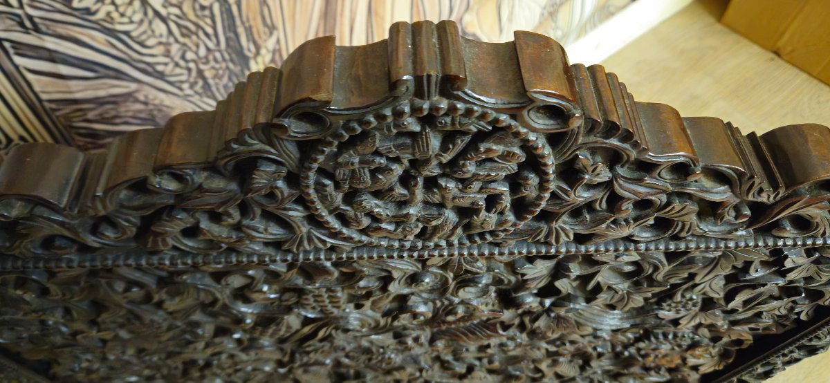 Carved Panel/screen In Exotic Wood – Openwork Decoration Of Dragons, Birds And Foliage –-photo-7