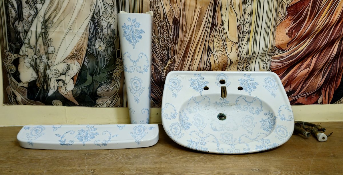 Ancien ensemble de salle de bain en porcelaine de Paris – décor bleu - style Louis XV-XVI -photo-1