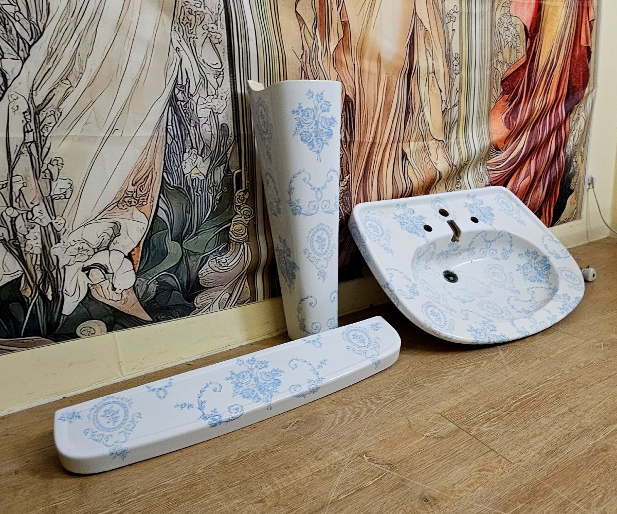 Ancien ensemble de salle de bain en porcelaine de Paris – décor bleu - style Louis XV-XVI -photo-2