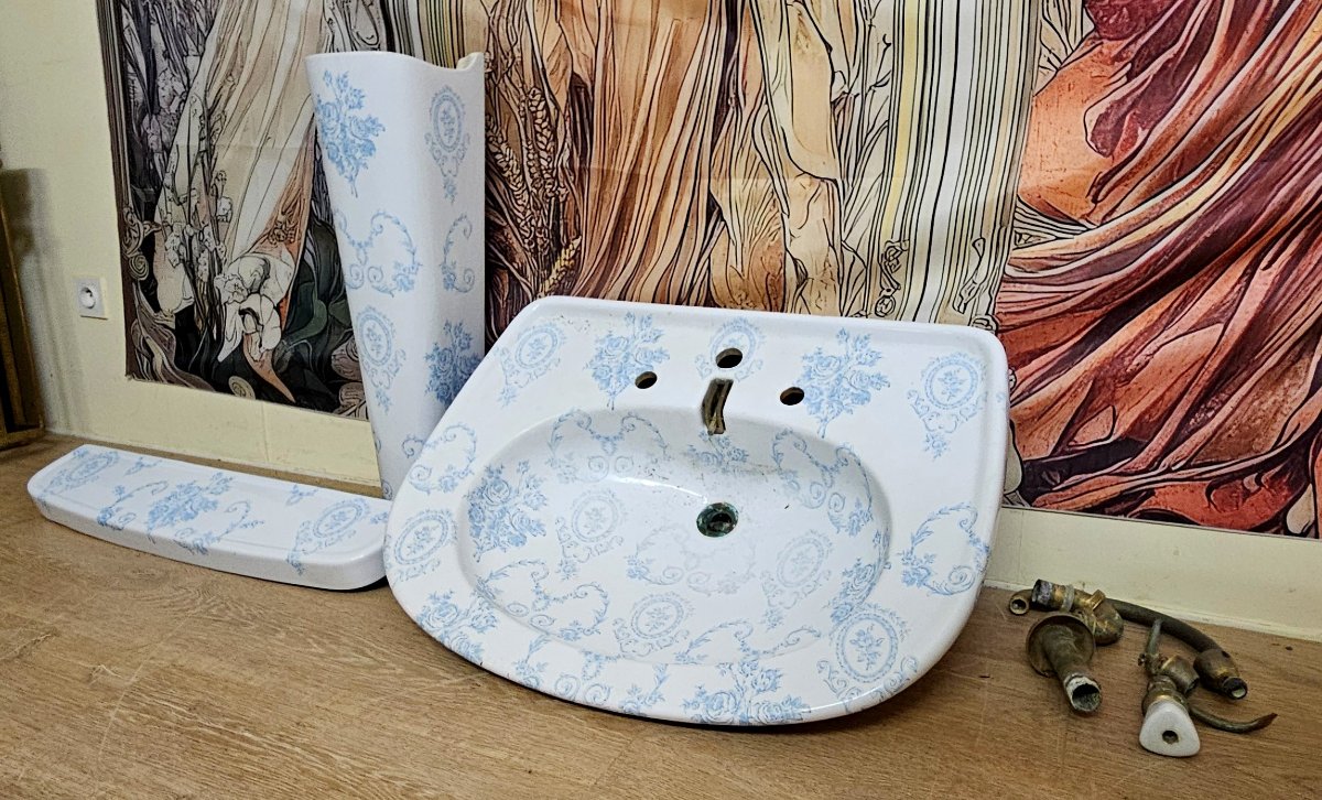 Ancien ensemble de salle de bain en porcelaine de Paris – décor bleu - style Louis XV-XVI -photo-3