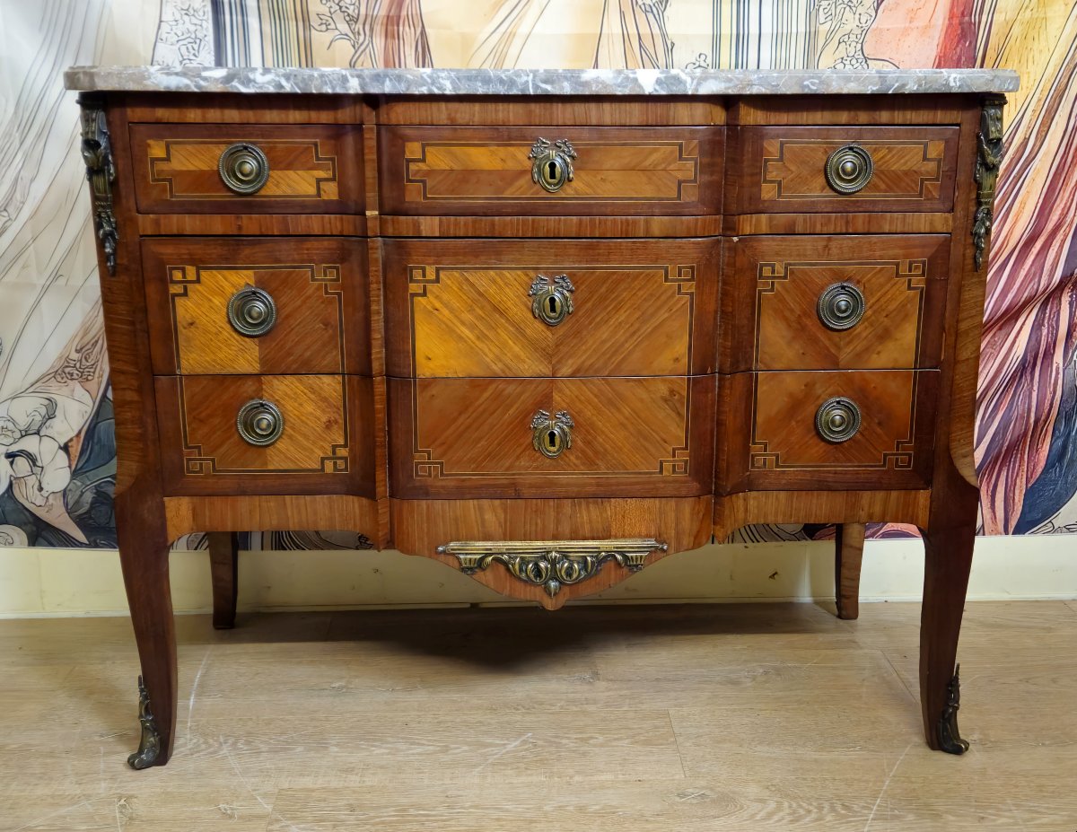 Commode a ressaut marquetée style Transition Louis XV / Louis XVI – plateau marbre --photo-1