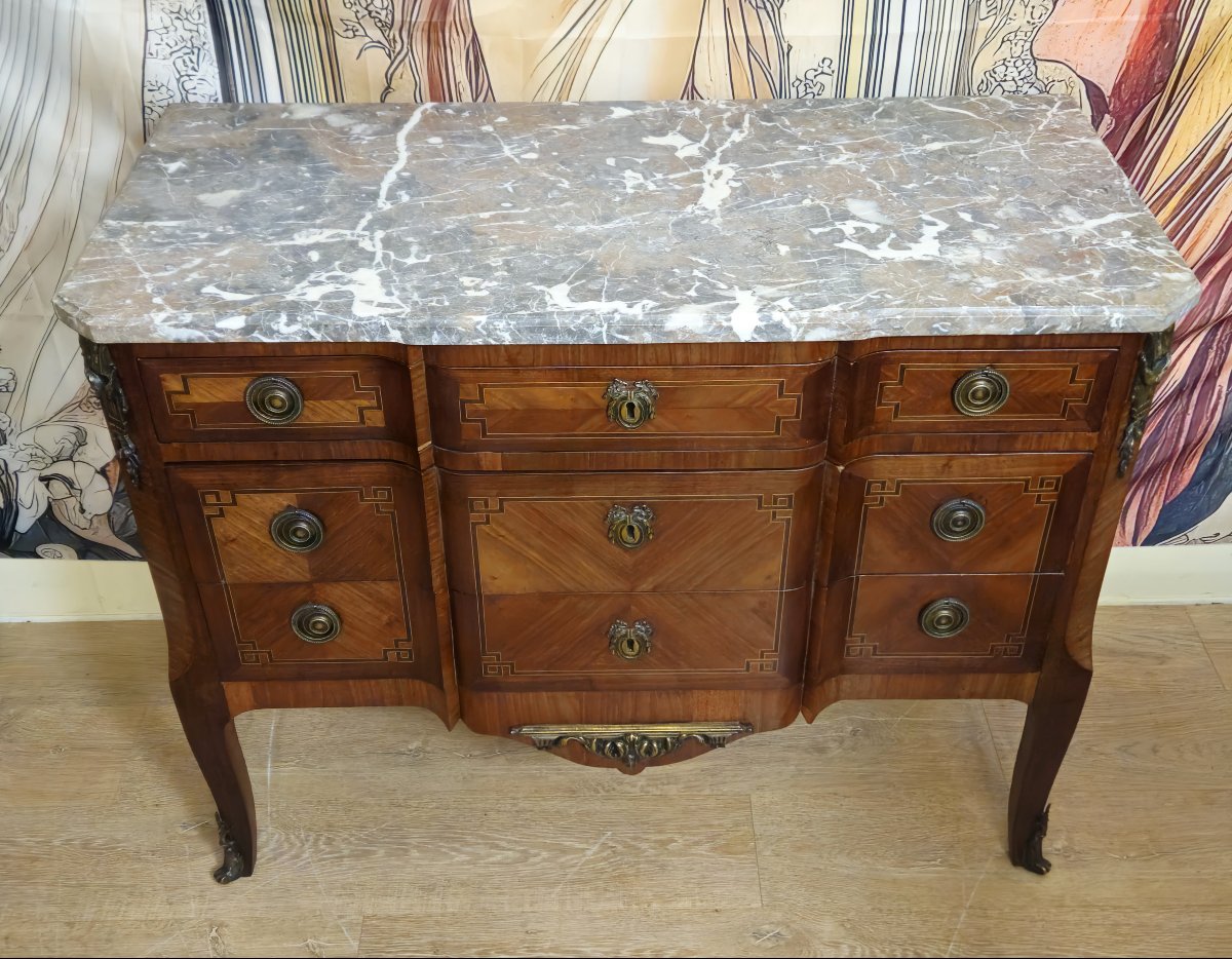 Commode a ressaut marquetée style Transition Louis XV / Louis XVI – plateau marbre --photo-2