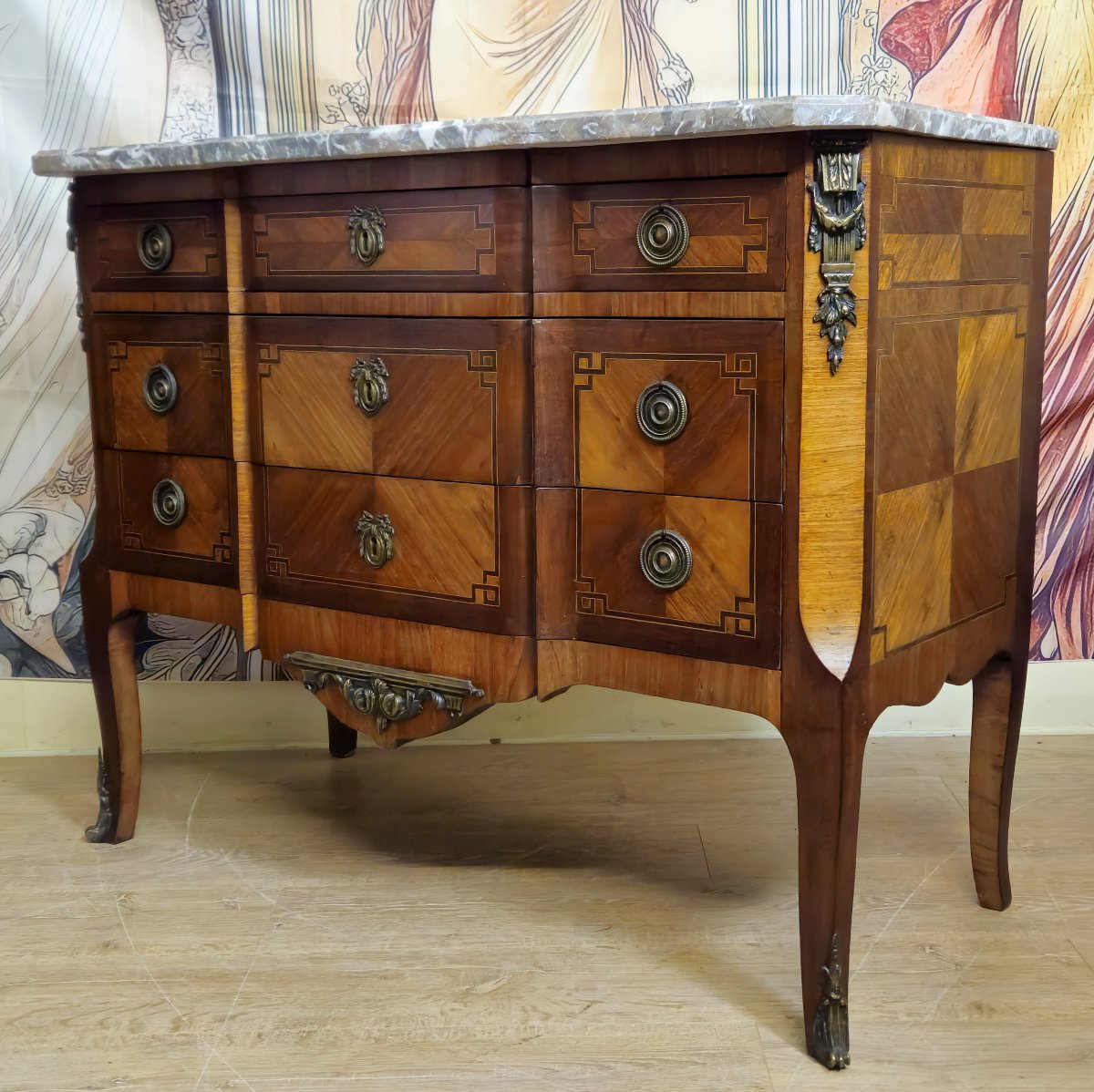 Commode a ressaut marquetée style Transition Louis XV / Louis XVI – plateau marbre --photo-4