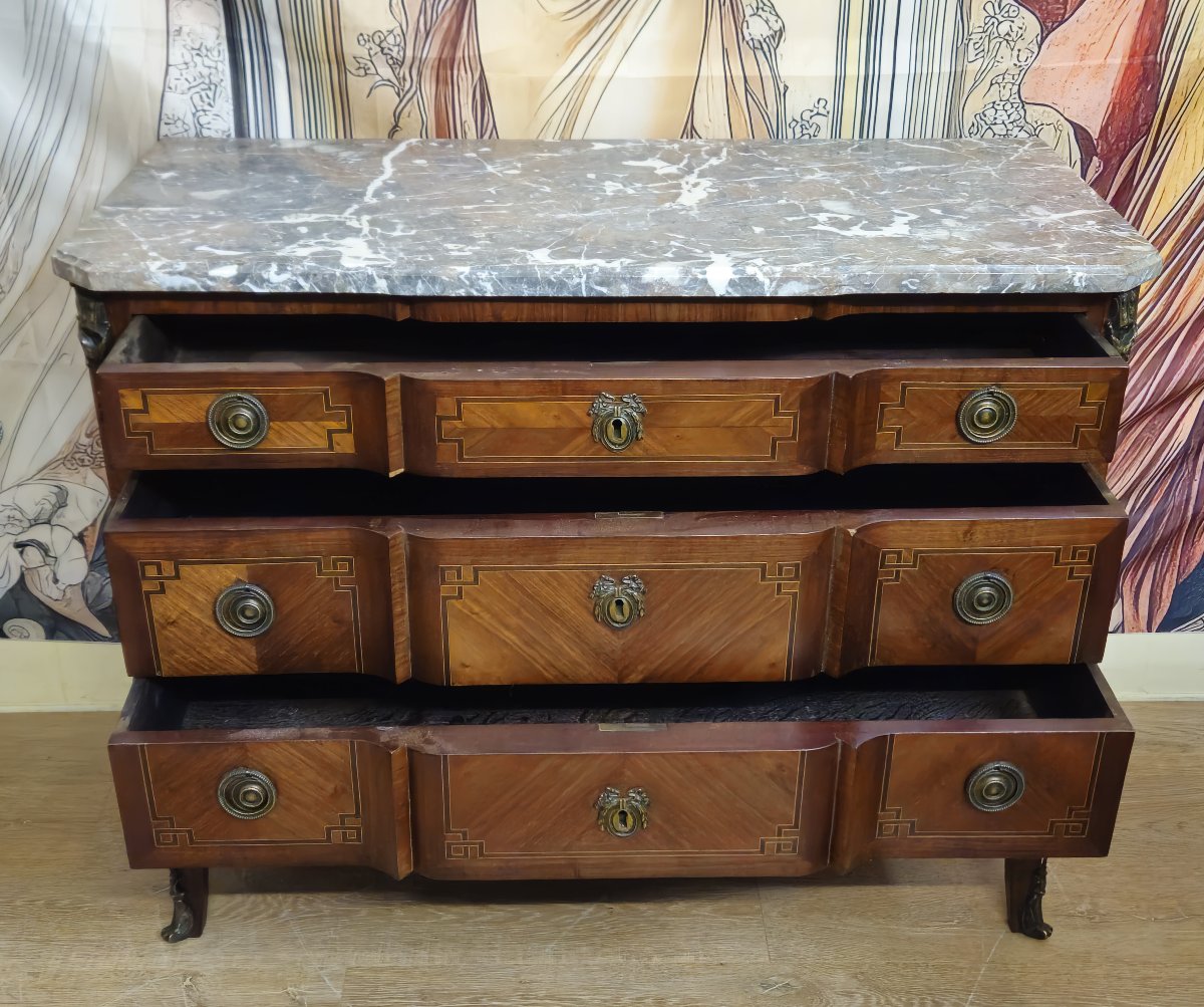 Commode a ressaut marquetée style Transition Louis XV / Louis XVI – plateau marbre --photo-7