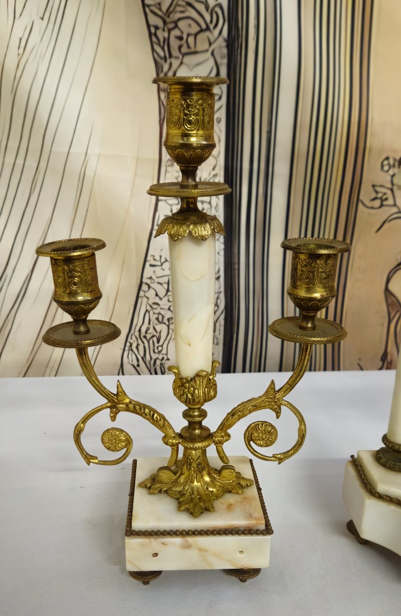 Mantel Clock And Candlesticks – Marble And Gilt Bronze – Louis XVI Style-photo-3