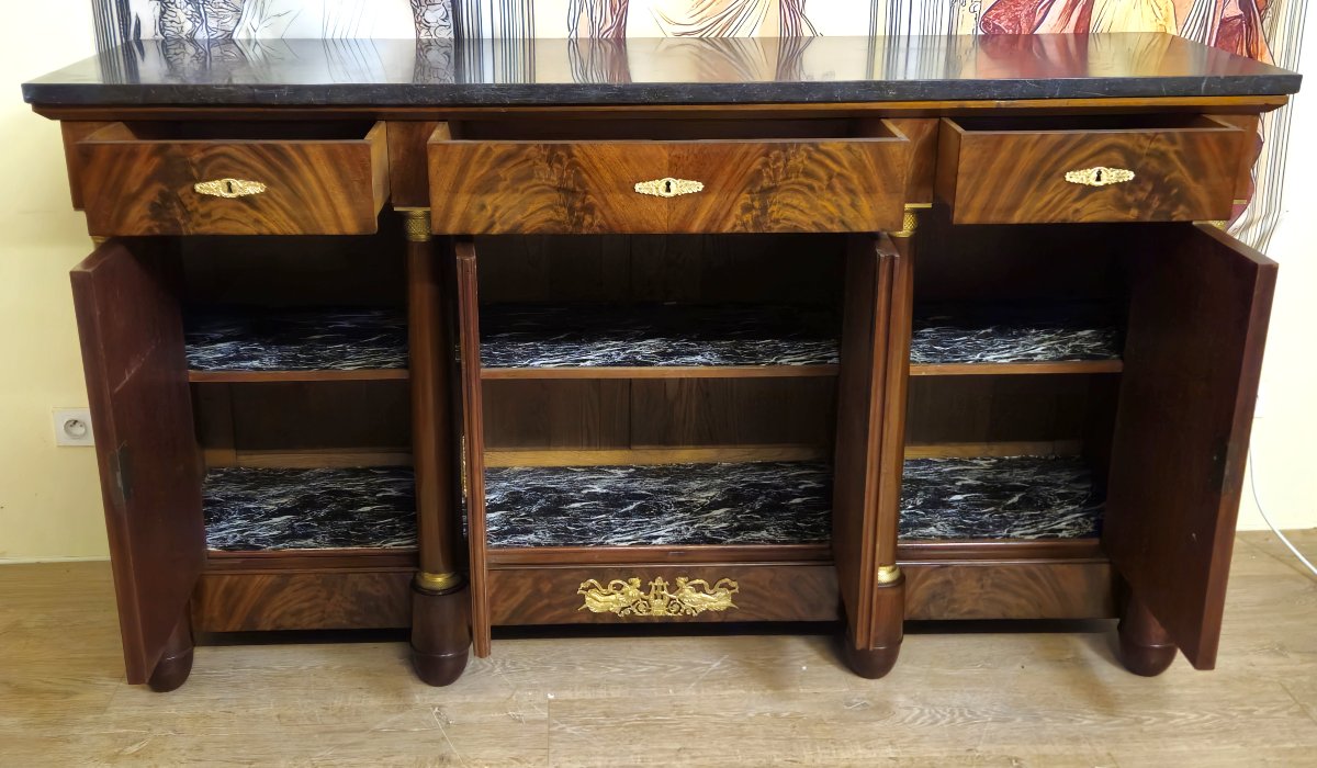 Empire-style Sideboard In Mottled Mahogany With Bronze Mounts – Black Marble Top – 19th Century –-photo-7