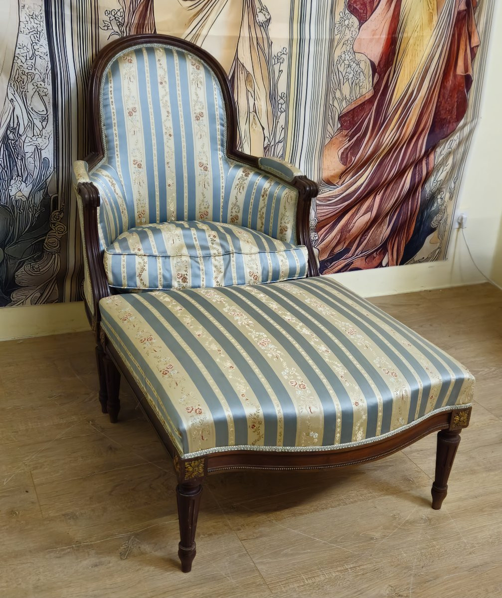 Méridienne / chaise longue style Louis XVI en noyer avec repose-pieds – XIXᵉ siècle  -photo-2