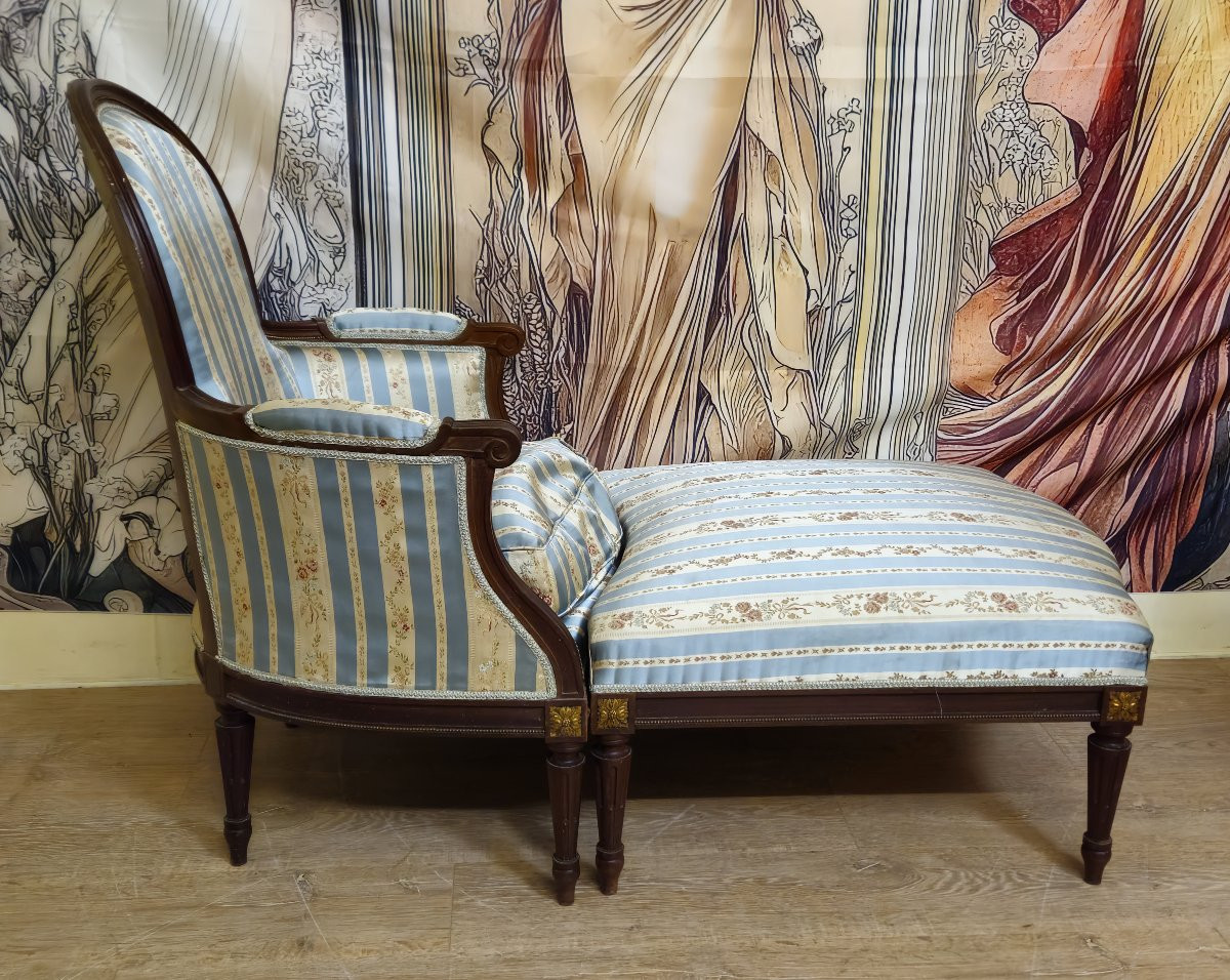 Méridienne / chaise longue style Louis XVI en noyer avec repose-pieds – XIXᵉ siècle  -photo-5