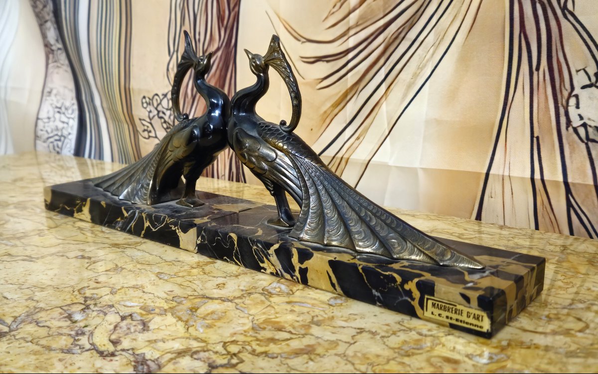 Pair Of Art Deco Bookends With Peacocks – Patinated Spelter And Black Marble – -photo-2