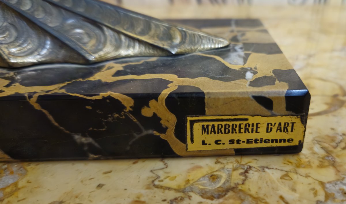 Pair Of Art Deco Bookends With Peacocks – Patinated Spelter And Black Marble – -photo-4