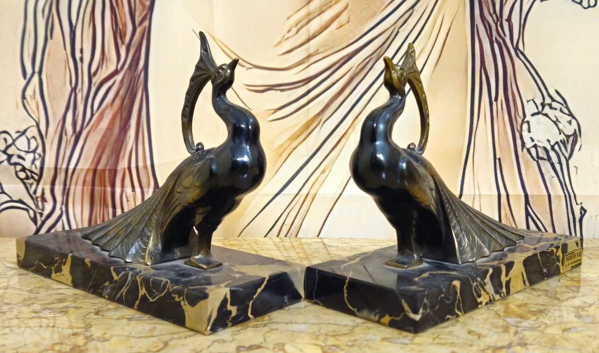 Pair Of Art Deco Bookends With Peacocks – Patinated Spelter And Black Marble – -photo-5