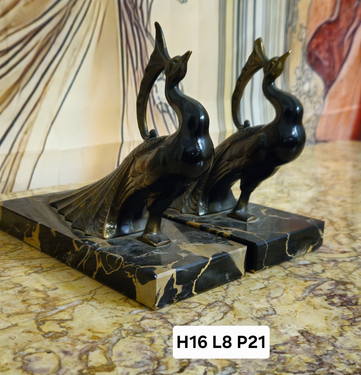 Pair Of Art Deco Bookends With Peacocks – Patinated Spelter And Black Marble – -photo-8