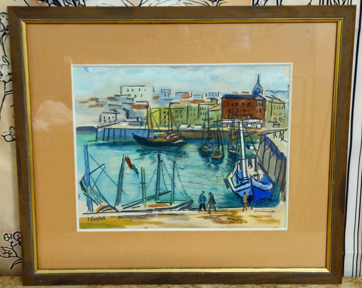 Watercolor/mixed Media – Lively Port – Signed R. Favier – Framed -photo-1