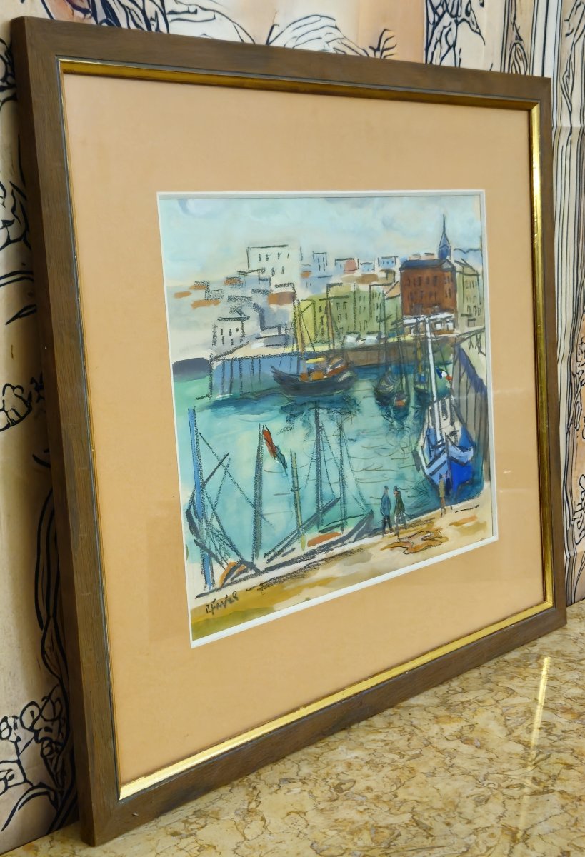 Watercolor/mixed Media – Lively Port – Signed R. Favier – Framed -photo-2