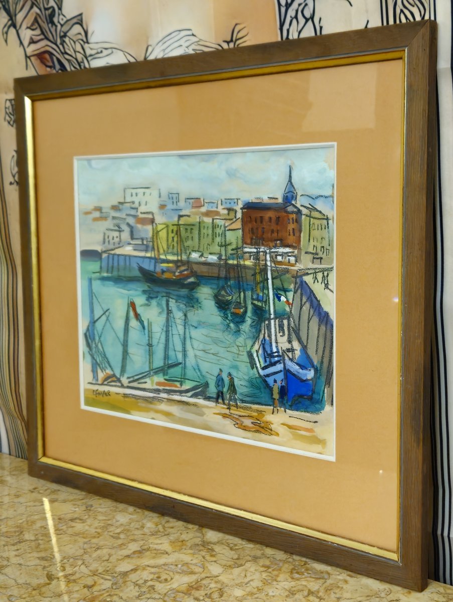 Watercolor/mixed Media – Lively Port – Signed R. Favier – Framed -photo-3