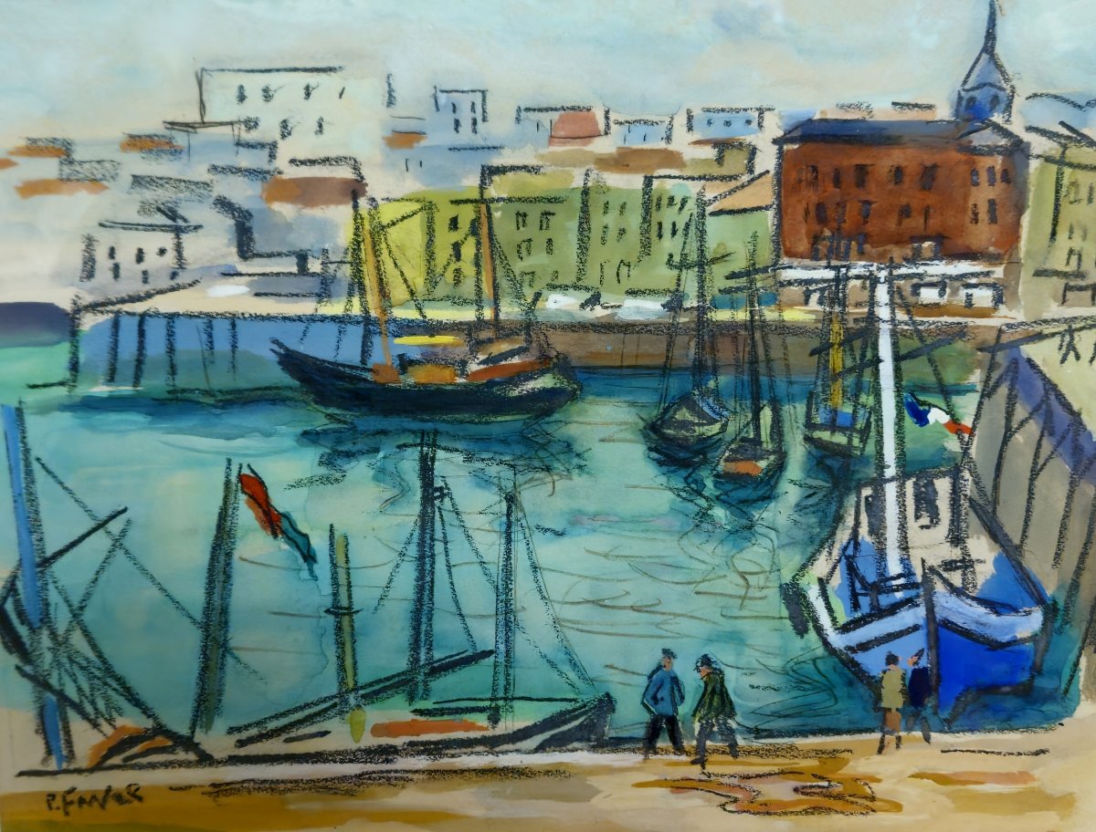 Watercolor/mixed Media – Lively Port – Signed R. Favier – Framed -photo-5