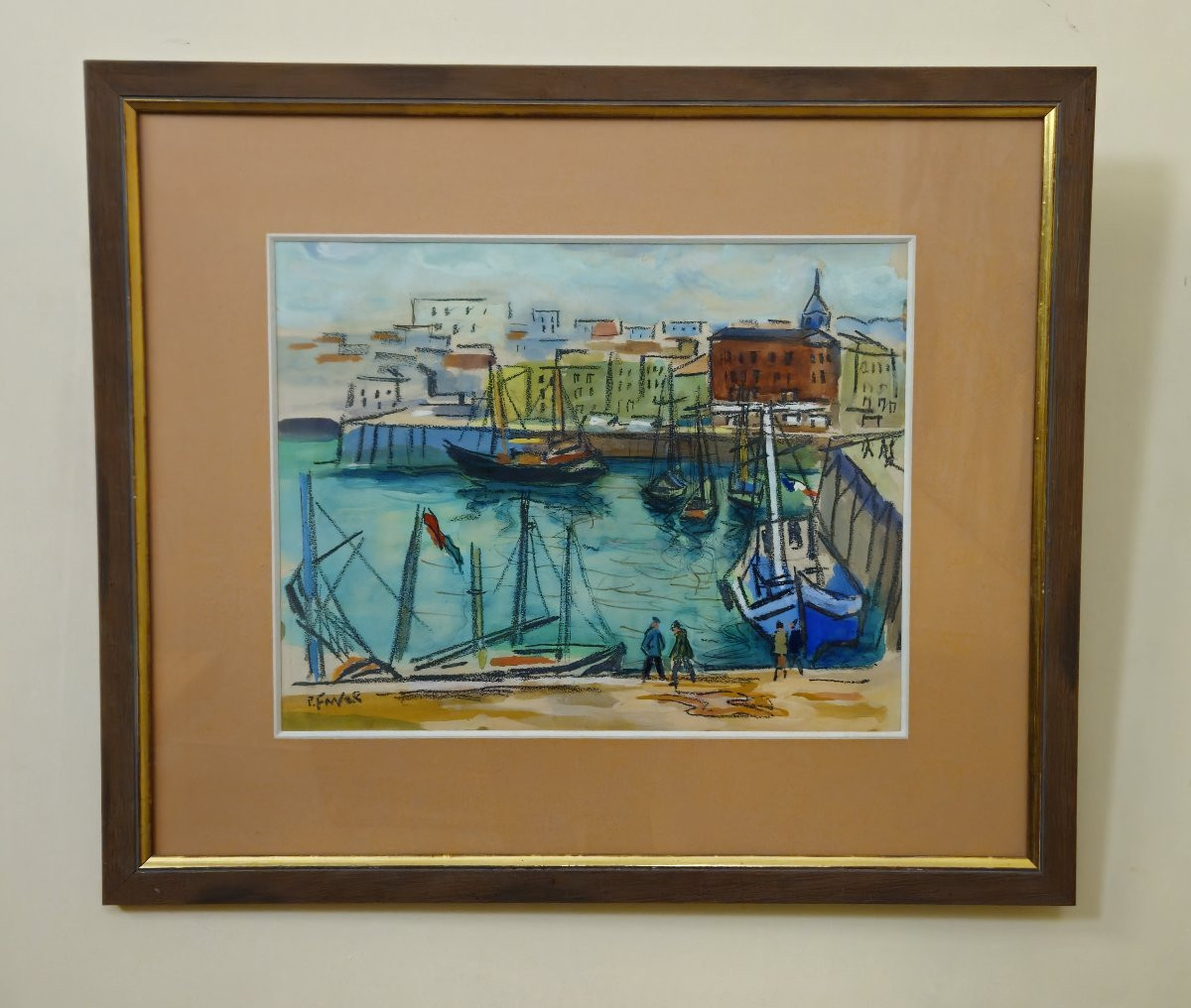 Watercolor/mixed Media – Lively Port – Signed R. Favier – Framed -photo-6
