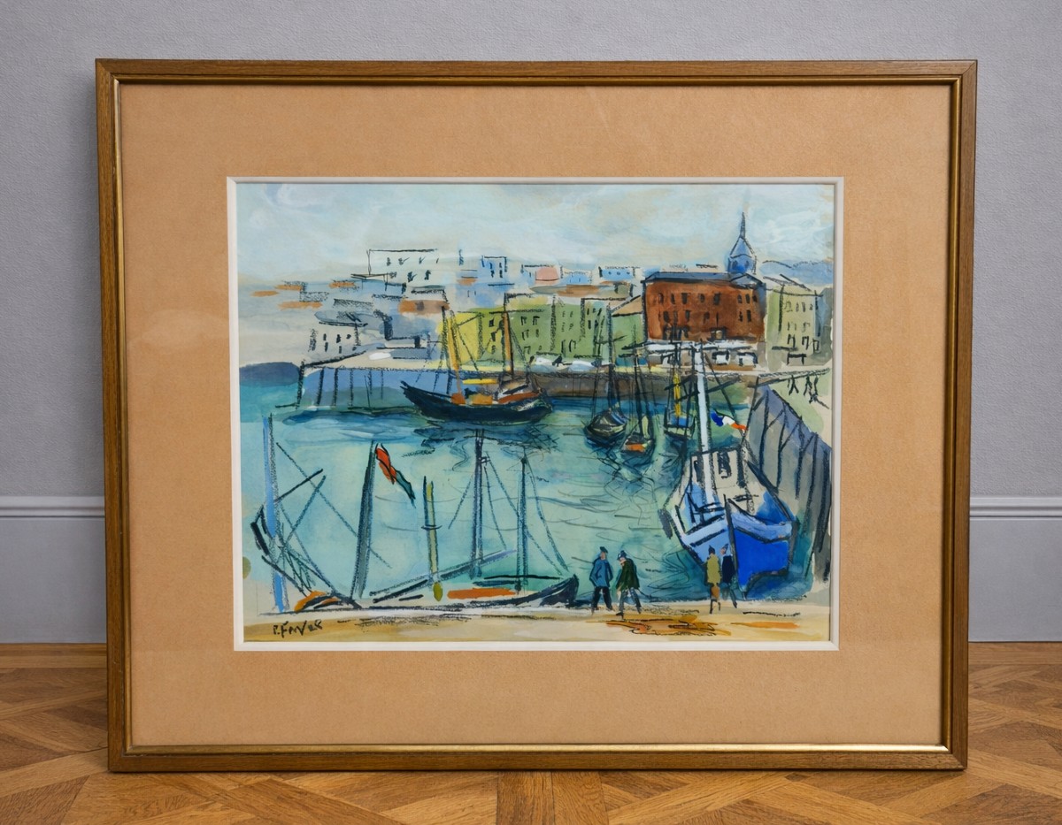 Watercolor/mixed Media – Lively Port – Signed R. Favier – Framed 