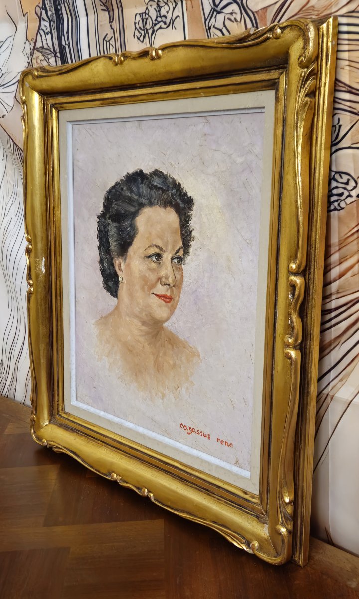 Portrait ancien de femme – Huile sur toile signée René Cazassus – cadre doré -photo-1