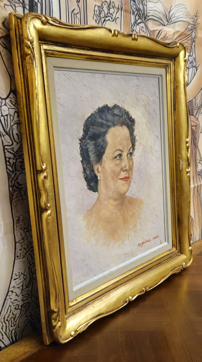 Portrait ancien de femme – Huile sur toile signée René Cazassus – cadre doré -photo-2